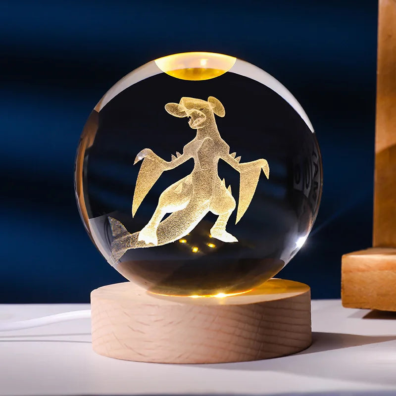 Lampe Pokémon 3D – Boule de Cristal LED avec Base en Bois