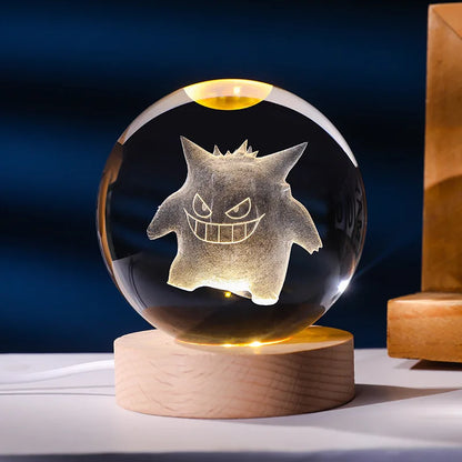 Lampe Pokémon 3D – Boule de Cristal LED avec Base en Bois
