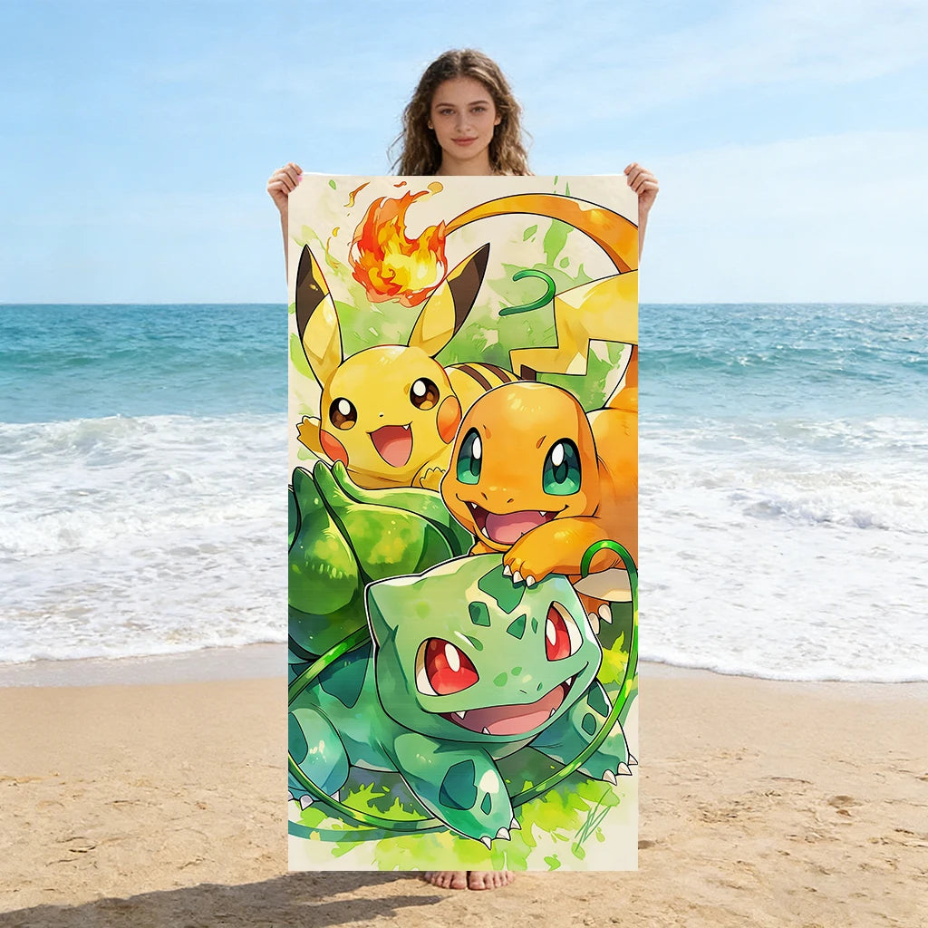 Serviette de Bain Pokémon (Pikachu, Salamèche, Bulbizarre) – Microfibre Anti-Sable