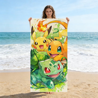 Serviette de Bain Pokémon (Pikachu, Salamèche, Bulbizarre) – Microfibre Anti-Sable