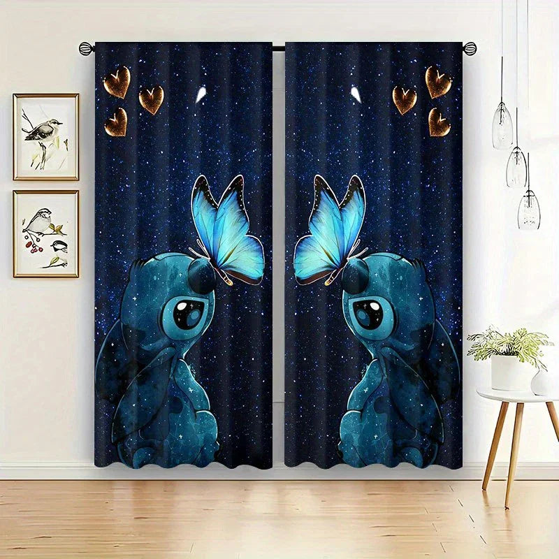 Rideaux Imprimés Stitch & Papillons – Décoration Nuit Étoilée (Set de 2 Panneaux)