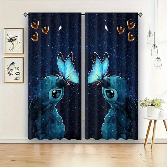 Rideaux Imprimés Stitch & Papillons – Décoration Nuit Étoilée (Set de 2 Panneaux)