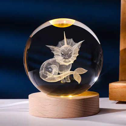 Lampe Pokémon 3D – Boule de Cristal LED avec Base en Bois