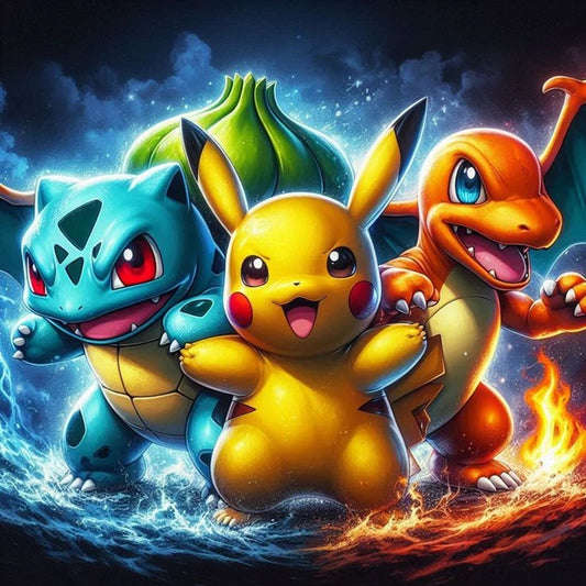 Tableau Diamant Pokémon Bulbizarre, Pikachu et Salameche – Kit Diamond Painting Complet