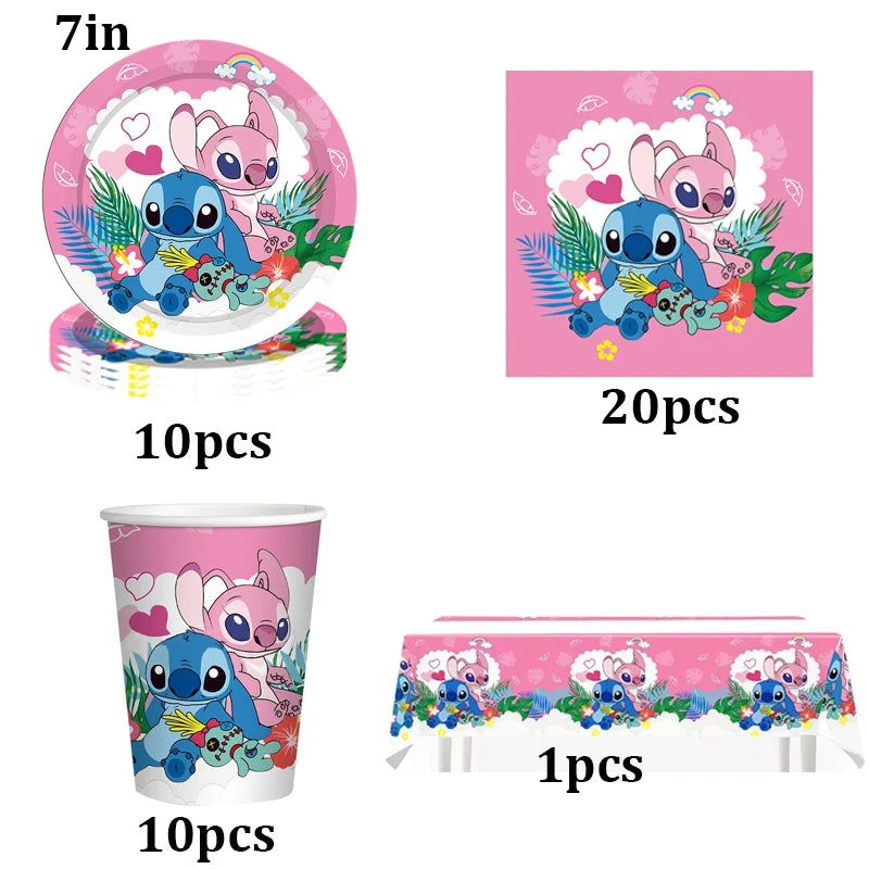Kit Anniversaire Stitch et Angel Tropical - Décoration de Table Hawaï 41 Pièces