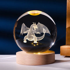 Lampe Pokémon 3D Dracaufeu - Boule de Cristal LED avec Base en Bois