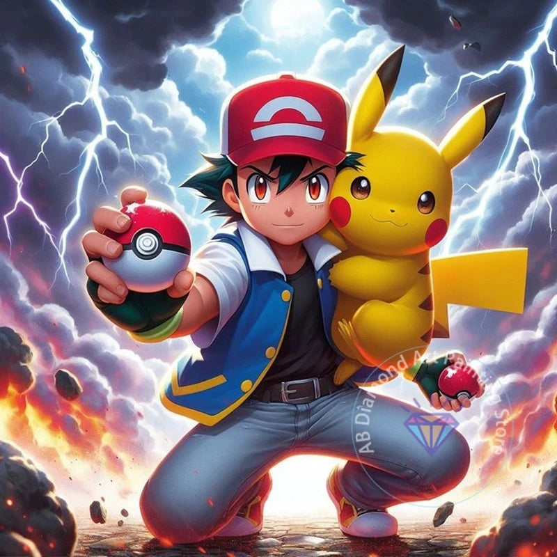 Tableau Diamant Pokémon Sasha et Pikachu – Kit Diamond Painting Complet