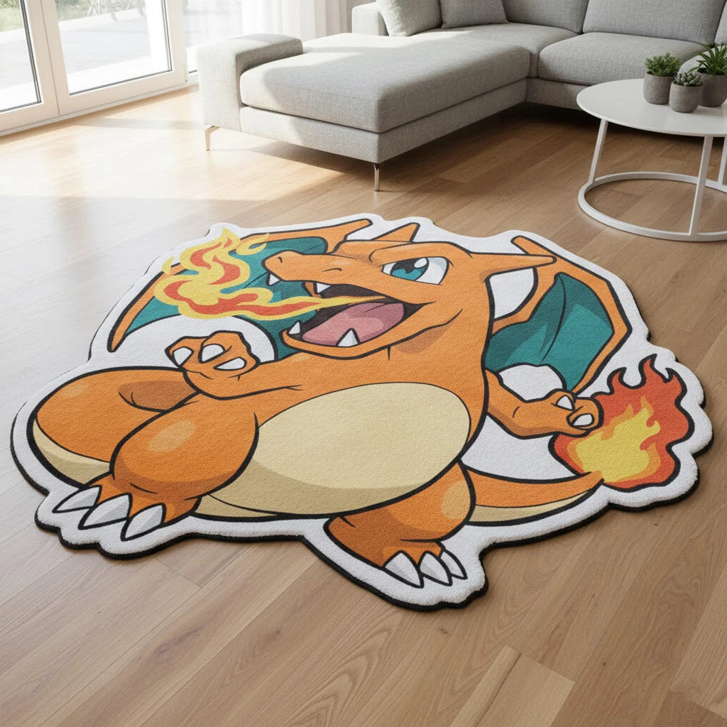 Tapis Pokémon Dracaufeu XXL - Tapis de Sol Forme Irrégulière Chambre & Salon