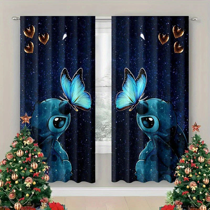 Rideaux Imprimés Stitch & Papillons – Décoration Nuit Étoilée (Set de 2 Panneaux)