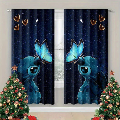 Rideaux Imprimés Stitch & Papillons – Décoration Nuit Étoilée (Set de 2 Panneaux)
