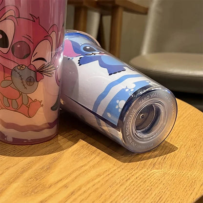 Stitch &amp; Angel 450ml Double Layer Tumbler – Reusable Straw &amp; Decorative Beads