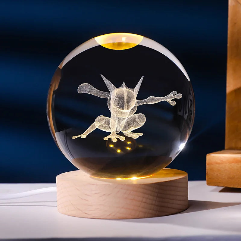 Lampe Pokémon 3D – Boule de Cristal LED avec Base en Bois
