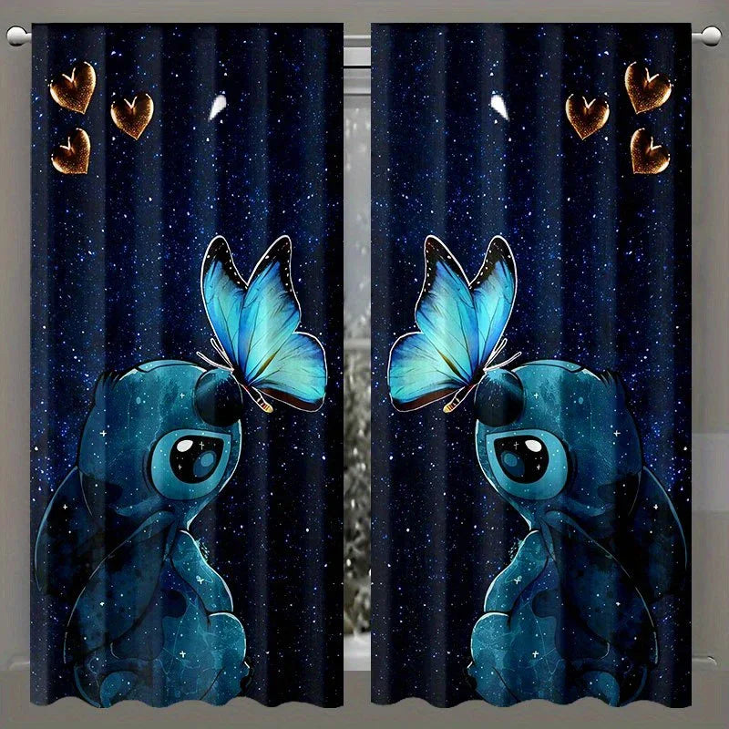 Rideaux Imprimés Stitch & Papillons – Décoration Nuit Étoilée (Set de 2 Panneaux)