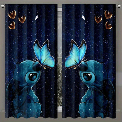 Rideaux Imprimés Stitch & Papillons – Décoration Nuit Étoilée (Set de 2 Panneaux)