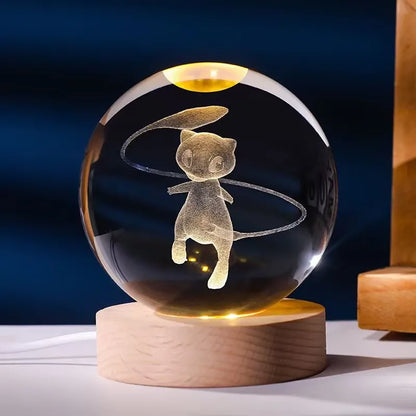 Lampe Pokémon 3D Mew mew- Boule de Cristal LED avec Base en Bois