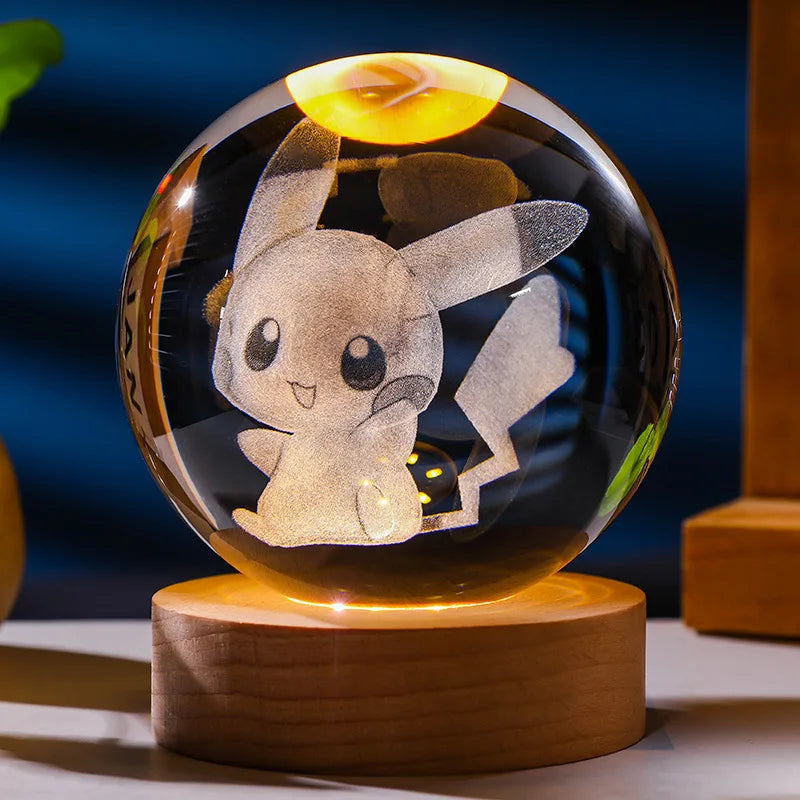 Lampe Pokémon 3D – Boule de Cristal LED avec Base en Bois