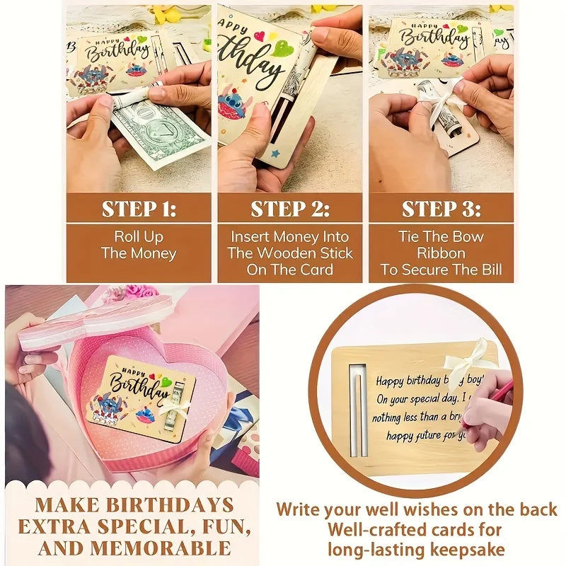 Coffret Cadeau Anniversaire Stitch – Boîte en Bois pour Argent & Messages 🎂