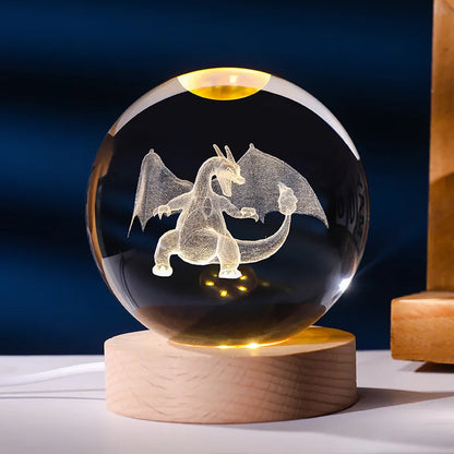 Lampe Pokémon 3D – Boule de Cristal LED avec Base en Bois