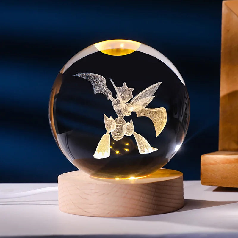 Lampe Pokémon 3D – Boule de Cristal LED avec Base en Bois