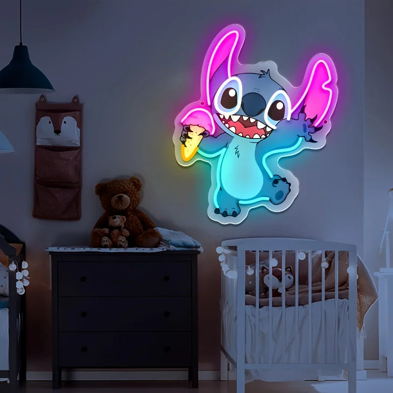 Enseigne Néon LED Stitch mange une glace – Déco Lumineuse 38x31.4cm