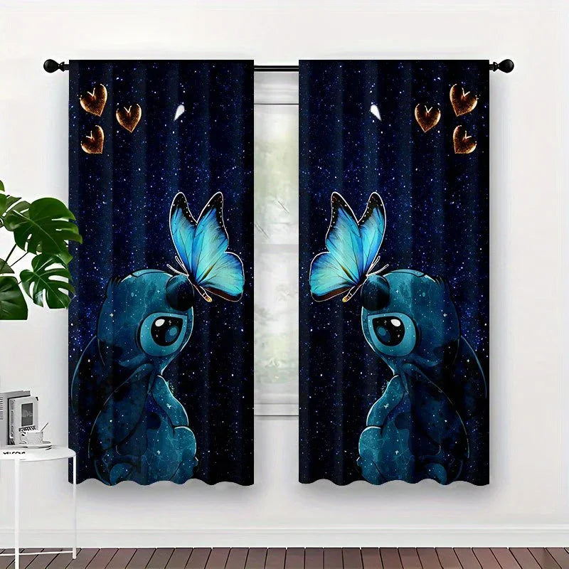 Rideaux Imprimés Stitch & Papillons – Décoration Nuit Étoilée (Set de 2 Panneaux)
