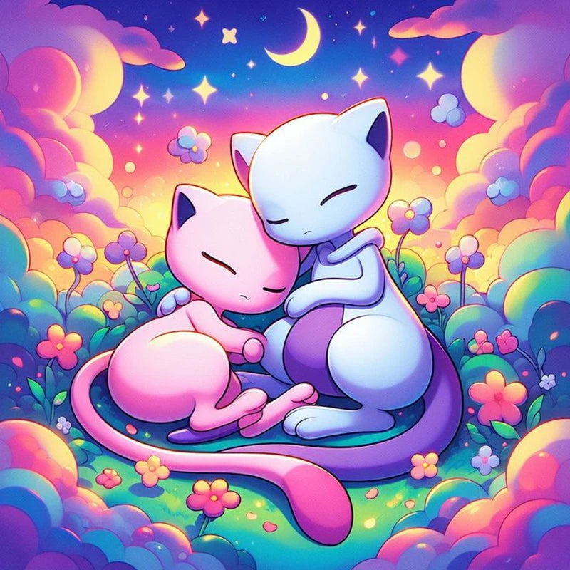 Tableau Diamant Pokémon Mew et Mewtwo – Kit Diamond Painting Complet