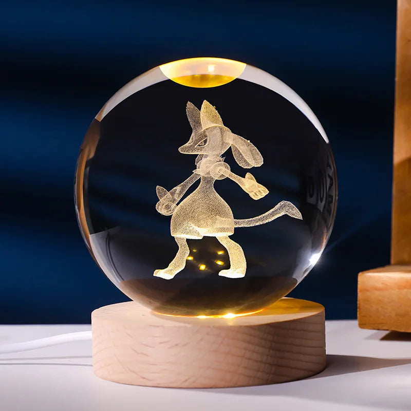 Lampe Pokémon 3D – Boule de Cristal LED avec Base en Bois