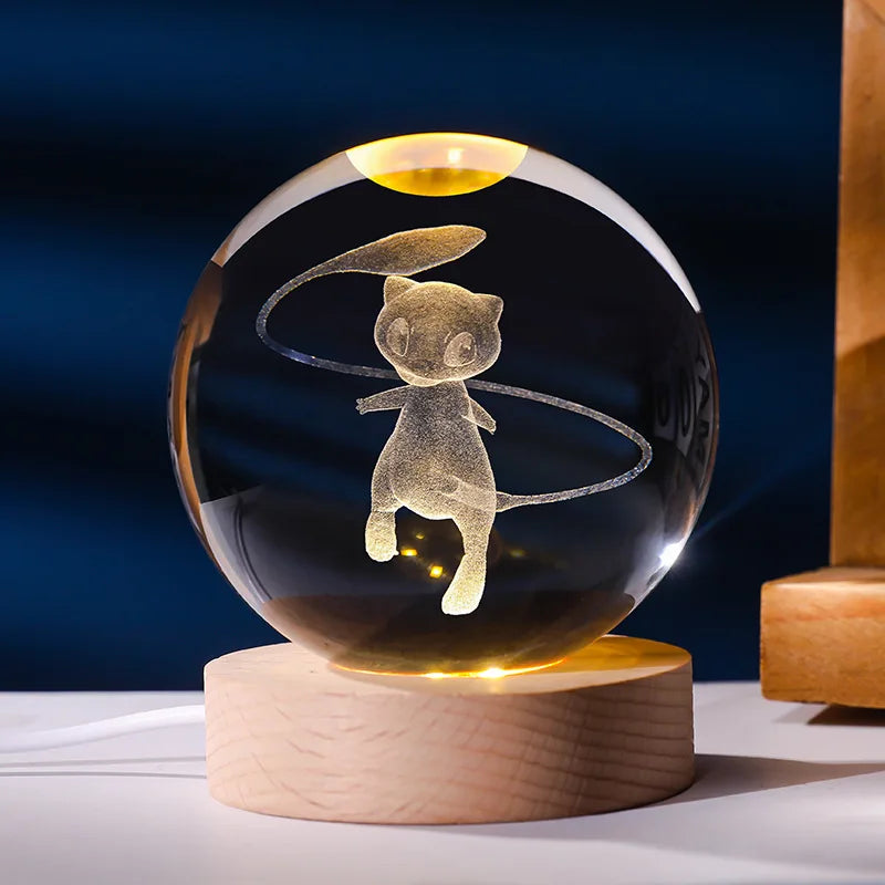 Lampe Pokémon 3D – Boule de Cristal LED avec Base en Bois