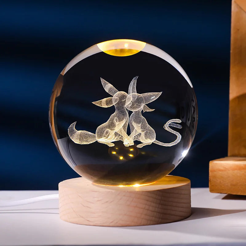 Lampe Pokémon 3D – Boule de Cristal LED avec Base en Bois
