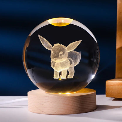 Lampe Pokémon 3D – Boule de Cristal LED avec Base en Bois