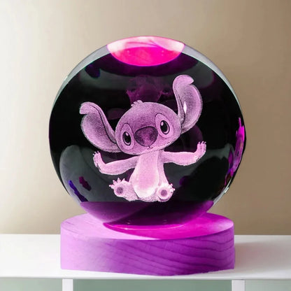 Stitch 3D Crystal Ball - Laser Carved LED Night Light, Wooden Base