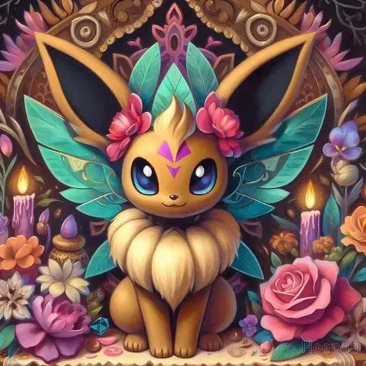 Tableau Diamant Pokémon Evoli  florale – Kit Diamond Painting Complet