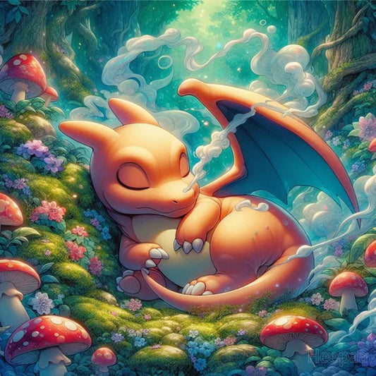 Tableau Diamant Pokémon Dracaufeu dort  – Kit Diamond Painting Complet