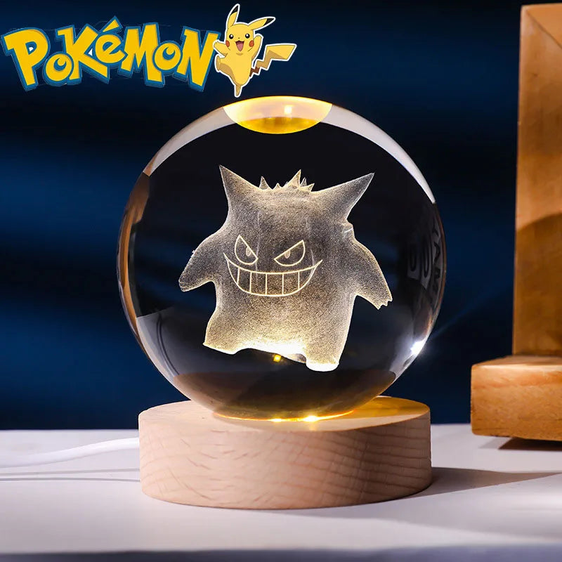 Lampe Pokémon 3D – Boule de Cristal LED avec Base en Bois