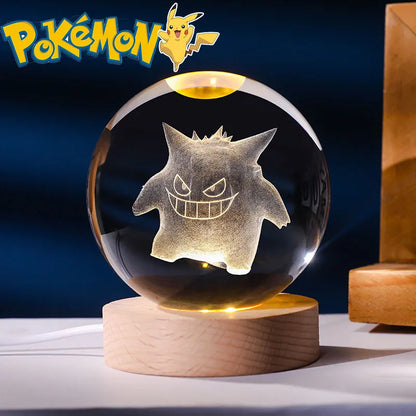 Lampe Pokémon 3D – Boule de Cristal LED avec Base en Bois
