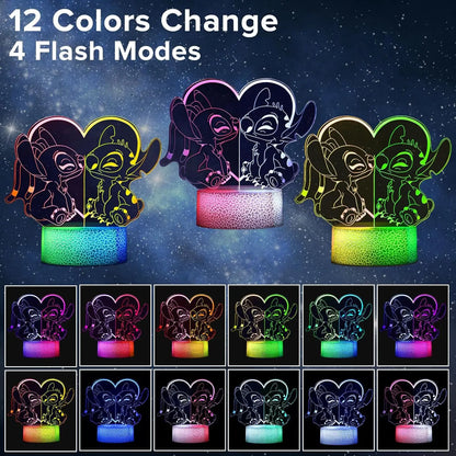 Stitch &amp; Angel 3D LED Night Light - Dual Color, Optical Illusion &amp; Remote Control