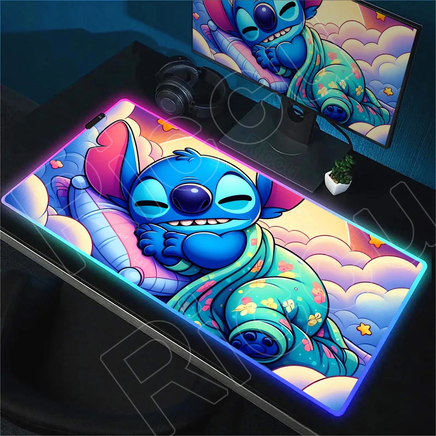 Tapis de bureau LED RGB Stitch – Accessoire gaming lumineux