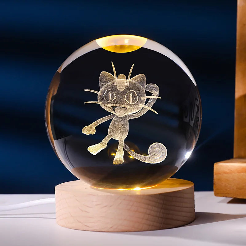 Lampe Pokémon 3D – Boule de Cristal LED avec Base en Bois