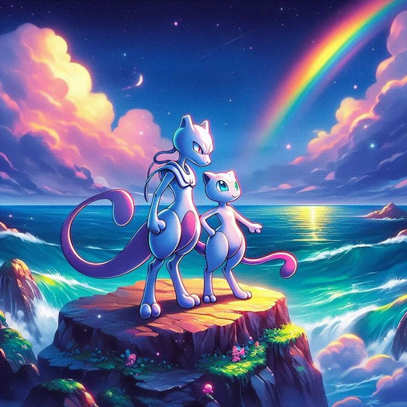 Tableau Diamant Pokémon Mew et Mewtwo – Kit Diamond Painting Complet