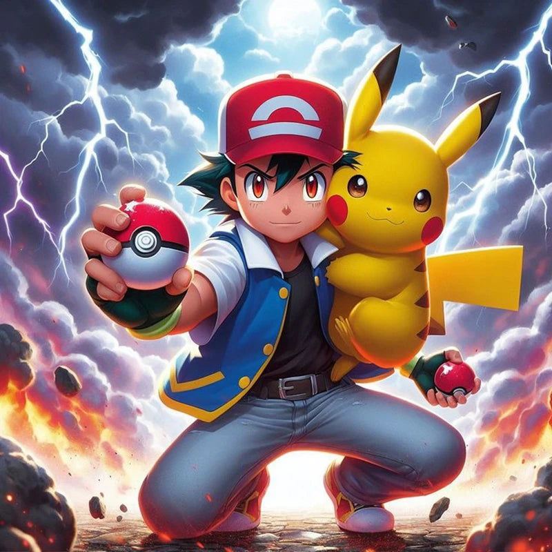 Tableau Diamant Pokémon Sasha et Pikachu – Kit Diamond Painting Complet