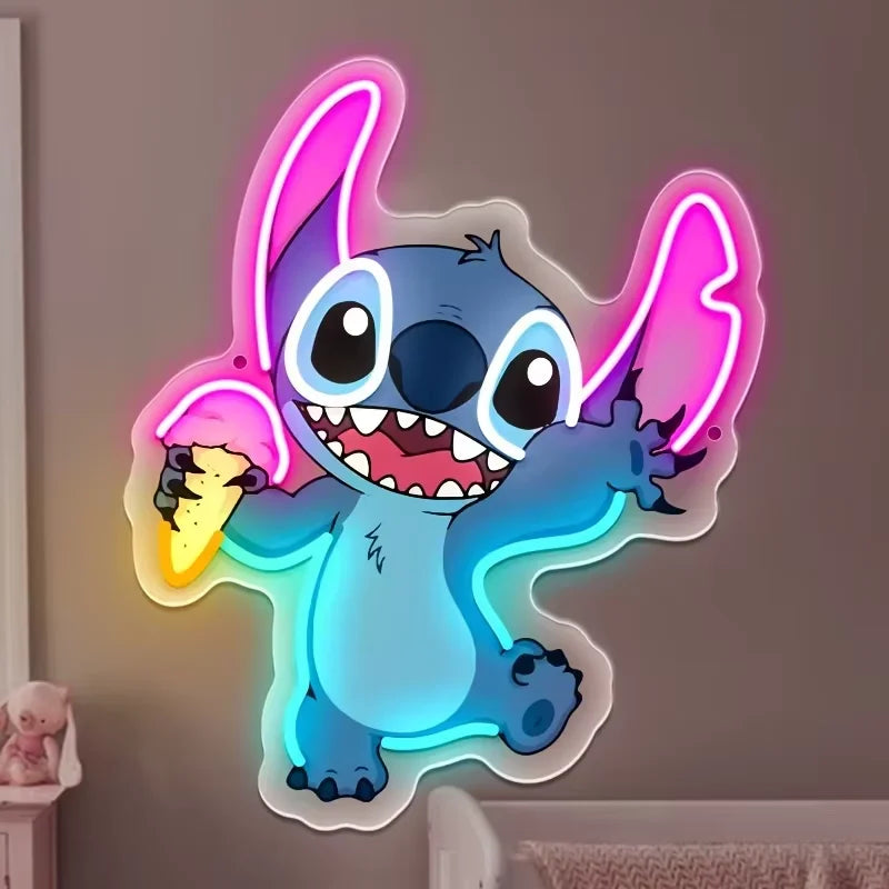 Enseigne Néon LED Stitch mange une glace – Déco Lumineuse 38x31.4cm