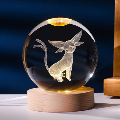 Lampe Pokémon 3D – Boule de Cristal LED avec Base en Bois