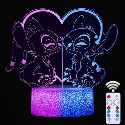 Stitch &amp; Angel 3D LED Night Light - Dual Color, Optical Illusion &amp; Remote Control