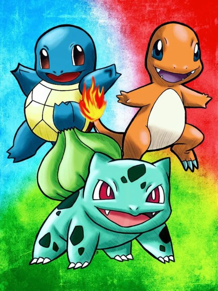 Diamond Painting Pokémon Salameche, Bulbizarre et Carapuce – Diamants Ronds à Réaliser Soi-Même