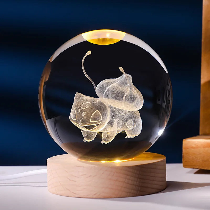 Lampe Pokémon 3D – Boule de Cristal LED avec Base en Bois