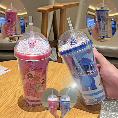 Stitch &amp; Angel 450ml Double Layer Tumbler – Reusable Straw &amp; Decorative Beads