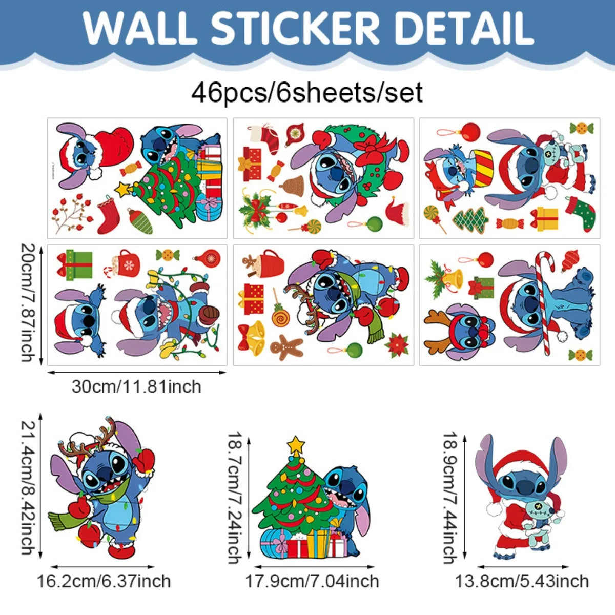 Stickers Muraux de Noël Kawaii – Style Stitch (46 pièces / 6 planches)