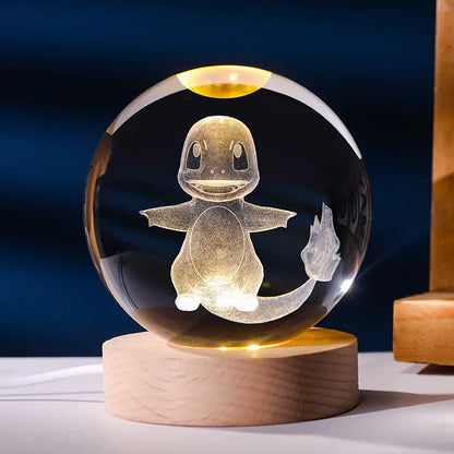 Lampe Pokémon 3D – Boule de Cristal LED avec Base en Bois