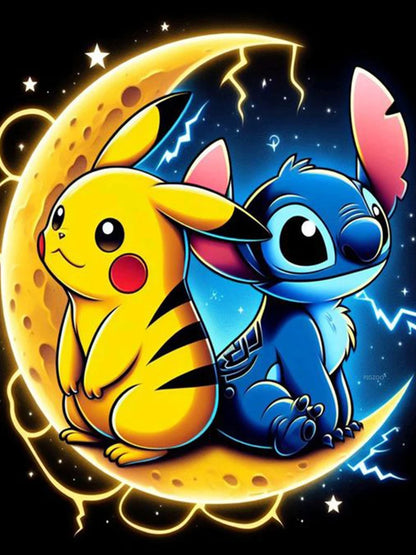🟡 Pokémon Diamond Painting – Stitch and Pikachu on the Moon