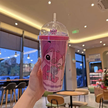 Stitch &amp; Angel 450ml Double Layer Tumbler – Reusable Straw &amp; Decorative Beads
